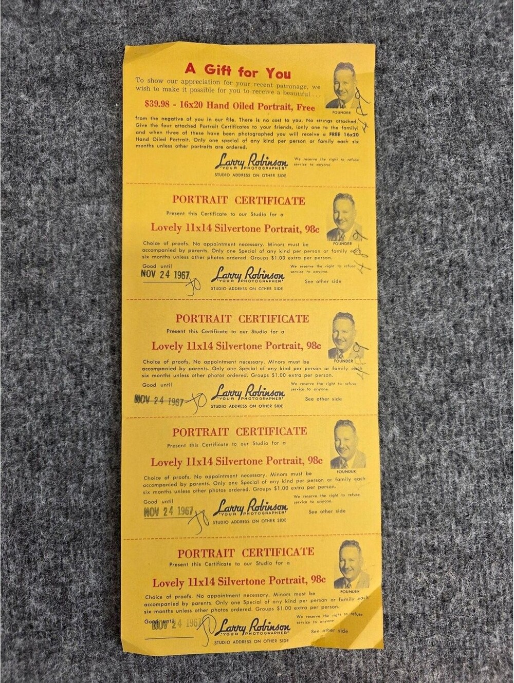 1967 Larry Robinson Photography Portrait Certificates Vintage Ephemera
